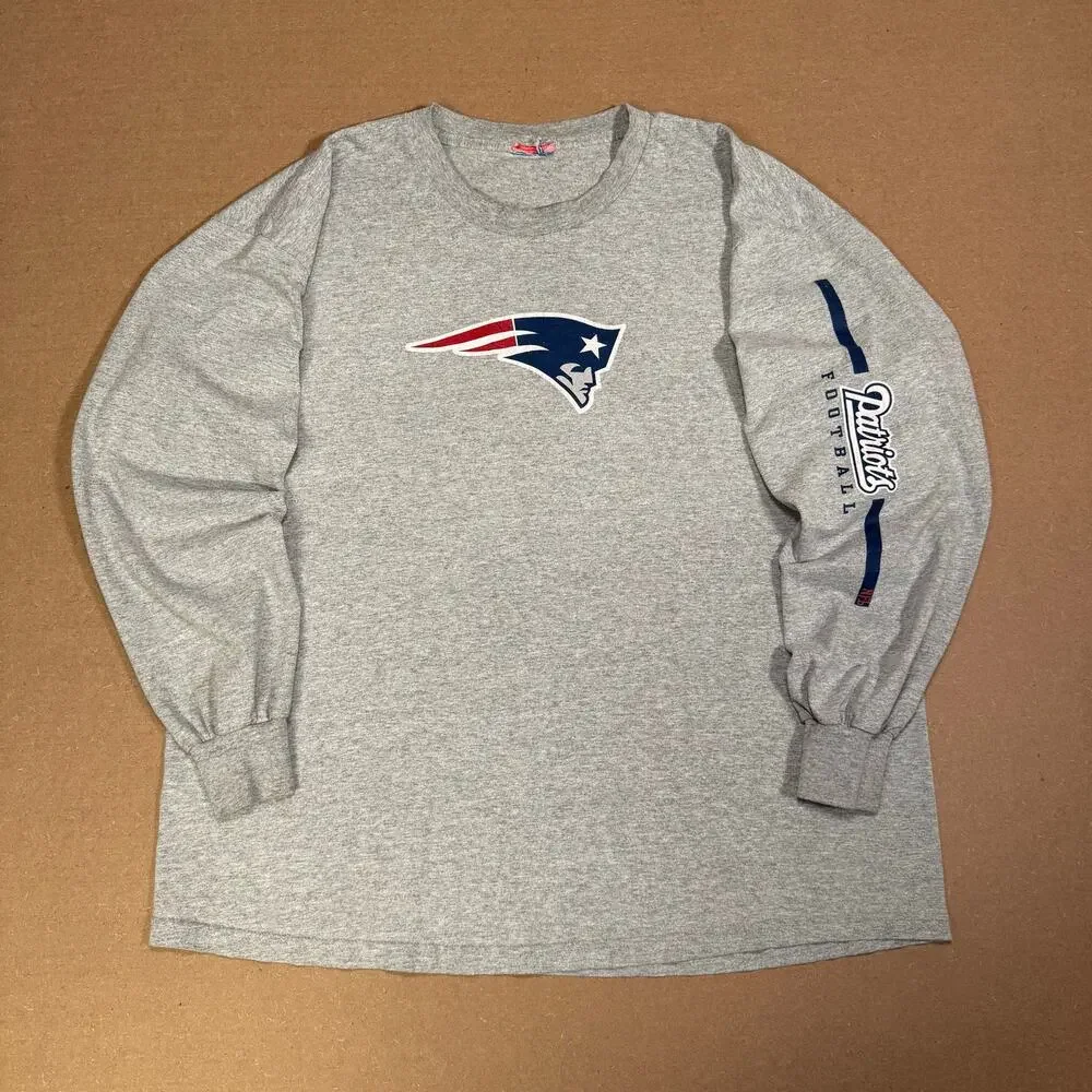 New England Patriots Long Sleeve T Shirt Gray NFL Football Logo Men’s XL